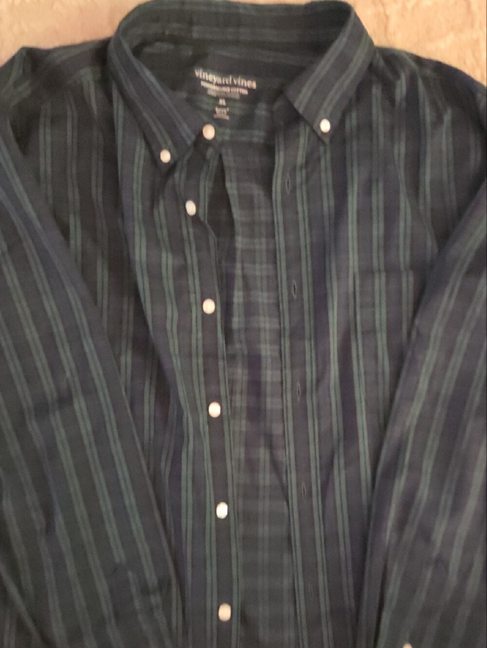 Vineyard Vines Navy and Green Plaid Performance Cotton Button-Down Shirt, XL - Picture 3 of 4
